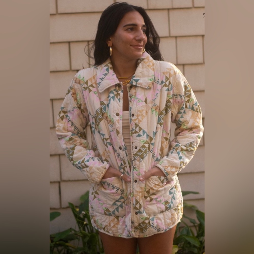 Cozy Cream And Pink Patchwork Quilted Cotton Jack… - image 7